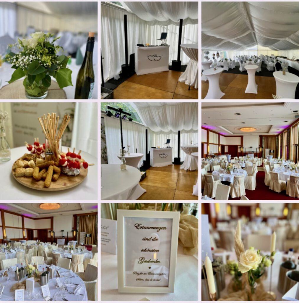 Collage mit Hochzeitsimpressionen: festlich gedeckte Tische, Buffet, Dekoration und DJ-Setup – perfekte Erinnerungen mit Everlense