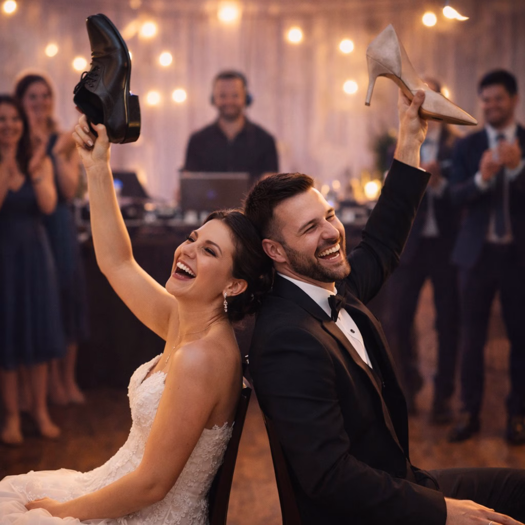 Ein lachendes Brautpaar sitzt Rücken an Rücken auf der Tanzfläche und spielt das Übereinstimmungsspiel (Schuh-Spiel). Beide halten einen Schuh hoch. Im Hintergrund applaudieren unscharf die Hochzeitsgäste und der DJ steht am Pult.