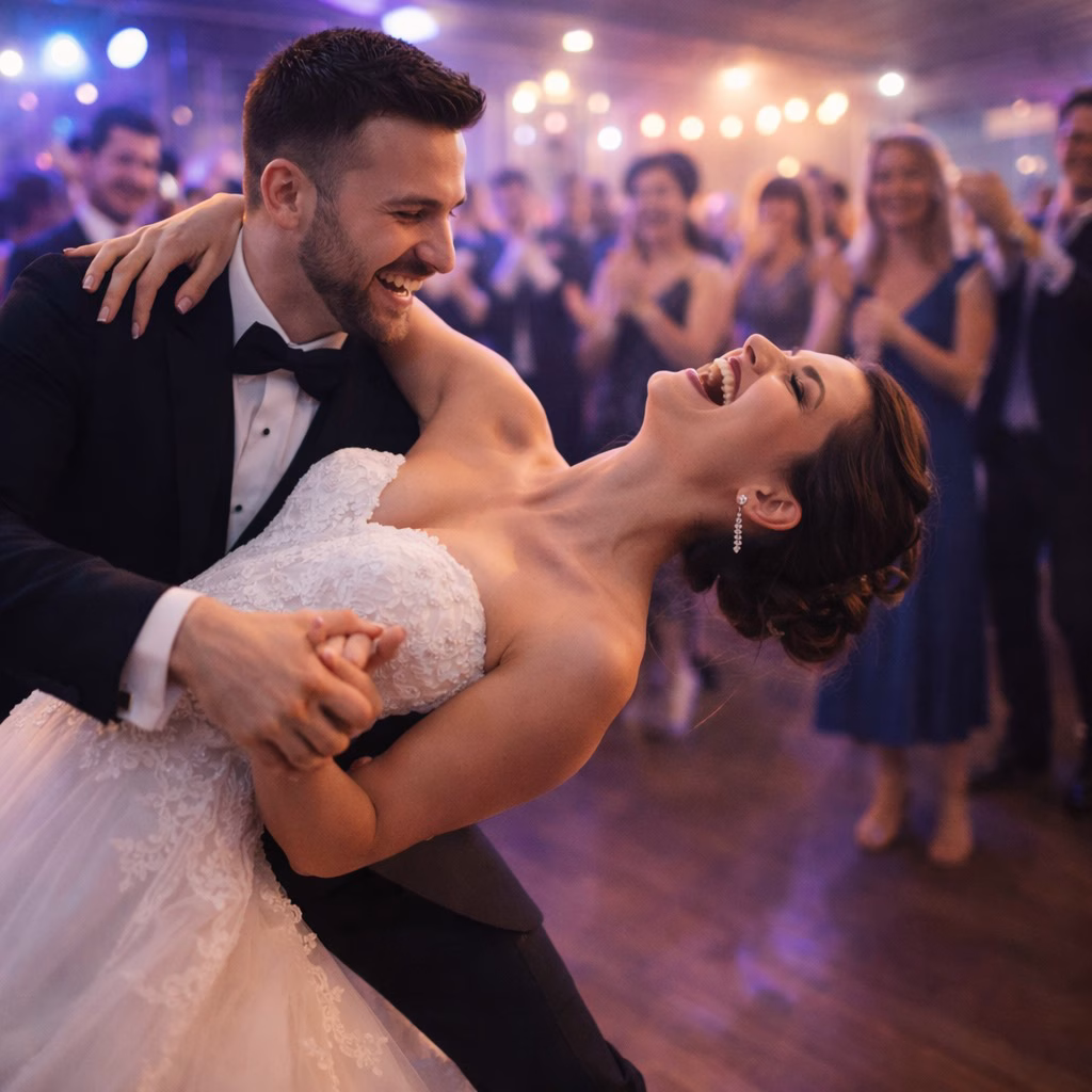 Ein glückliches Brautpaar lacht während eines dynamischen Eröffnungstanzes auf der Tanzfläche. Der Bräutigam hält die Braut in einer Pose, im Hintergrund applaudieren unscharfe Gäste bei stimmungsvollem Partylicht.