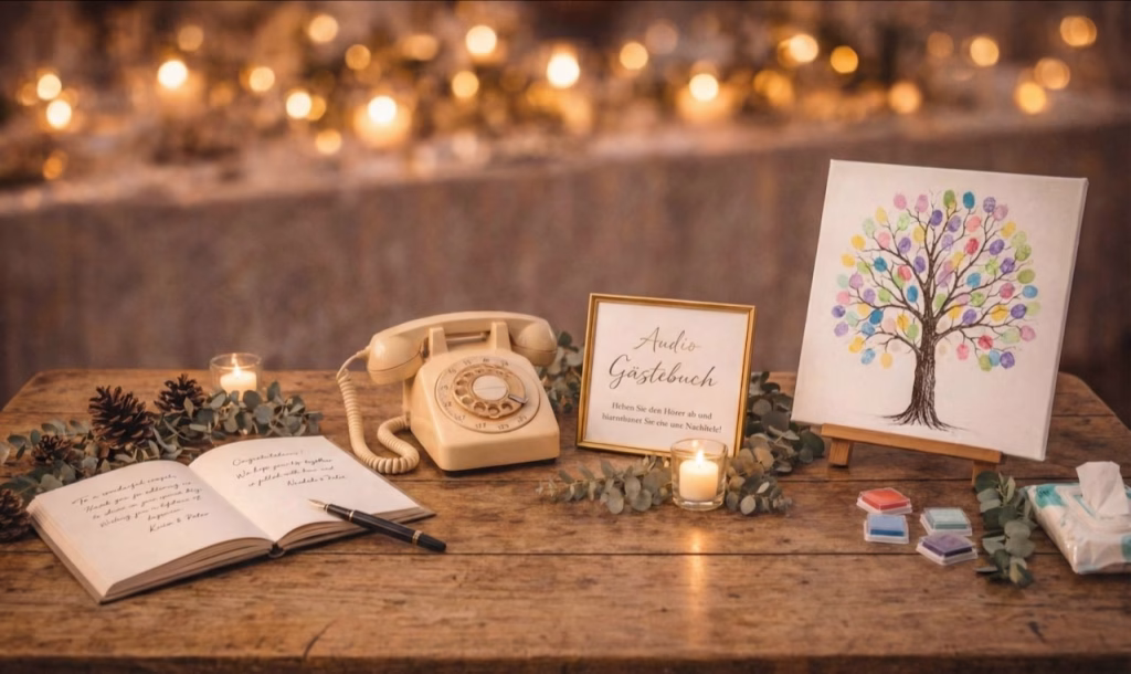 Drei Gästebuch-Varianten auf einem Tisch: Klassisches Buch, Audio-Gästebuch Telefon und Wedding Tree Leinwand nebeneinander.