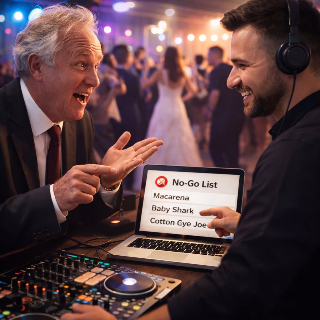 Ein Hochzeits-DJ lächelt, während ein älterer Gast enthusiastisch auf eine "No-Go Liste" für Musikwünsche auf dem Laptop zeigt. Songs wie Macarena und Baby Shark stehen auf der Verbotsliste.