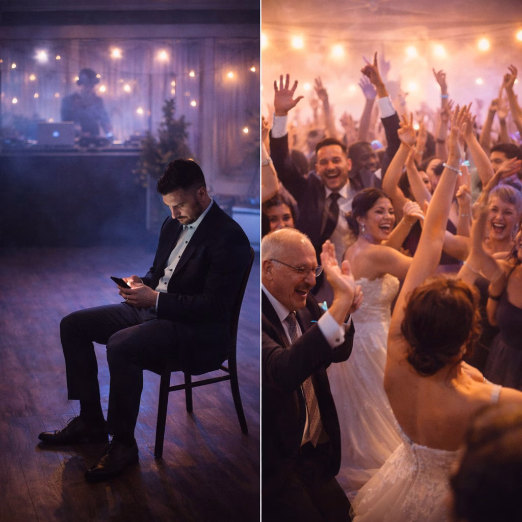 Ein geteiltes Foto (Split-Screen). Links ist eine leere, dunkle Tanzfläche auf einer Hochzeit mit einem gelangweilten Gast zu sehen. Rechts ist die gleiche Tanzfläche brechend voll mit tanzenden, lachenden Gästen und Brautpaar bei bester Partystimmung.