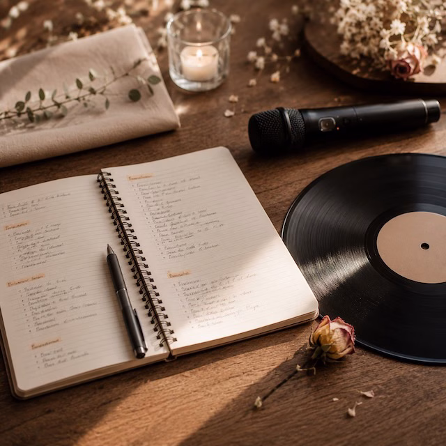 Notizbuch mit Songplanung, Mikrofon und Vinyl auf Holztisch – Musikplanung für Hochzeiten von DJ Harald Braun aus Wilhelmshaven