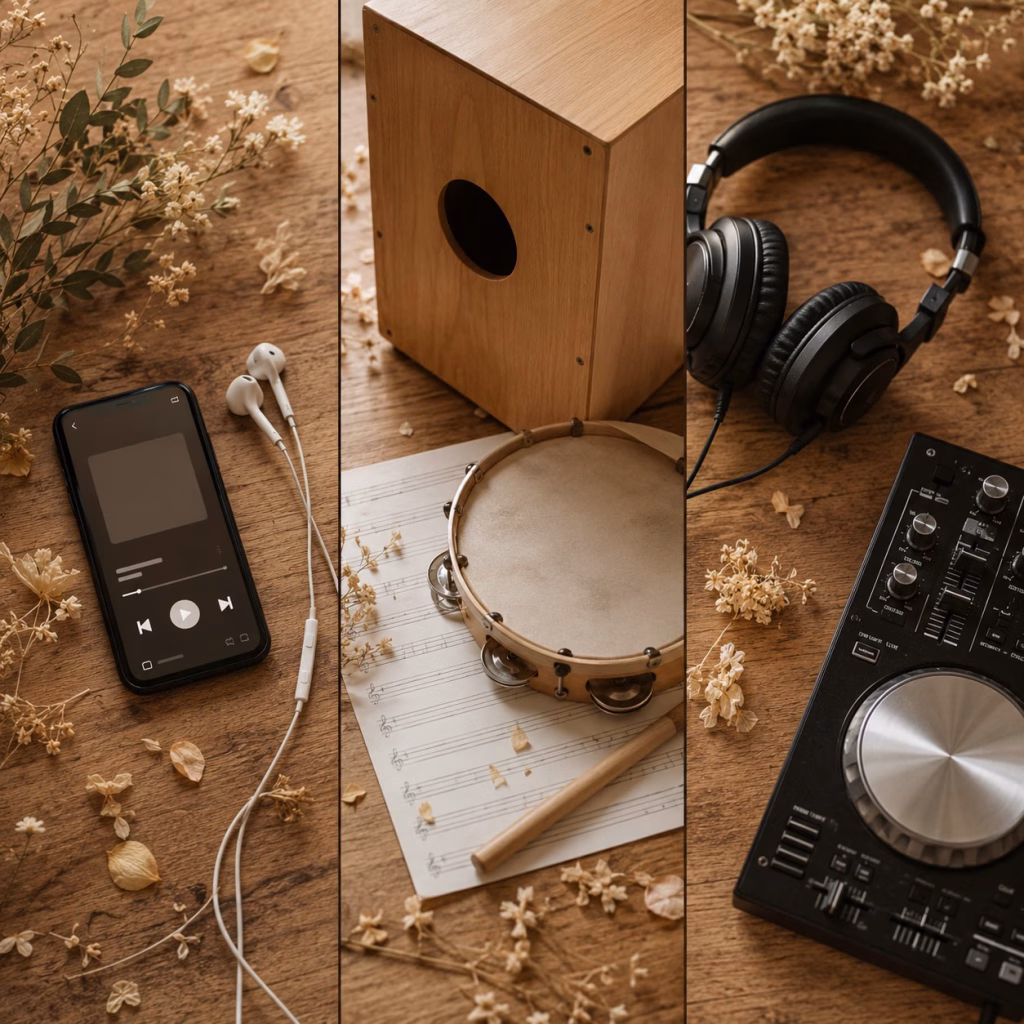 Smartphone mit Playlist, Musikinstrument und DJ-Equipment nebeneinander – Vergleich Hochzeitsmusik von DJ Harald Braun