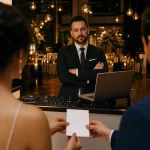 KI-generierte Szene - Hochzeits-DJ steht mit verschränkten Armen hinter seinem Pult während ihm ein Paar einen Zettel entgegenhält, eleganter Veranstaltungssaal im Hintergrund