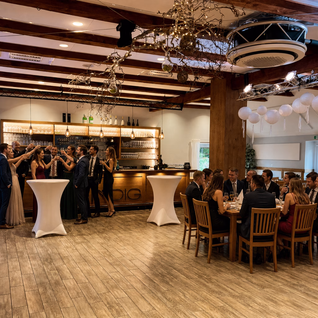 Buffet Eröffnung Hochzeit – Gäste feiern an der Bar der Location Windig mit Schnäpsen, während weitere Hochzeitsgäste am festlich gedeckten Tisch warten