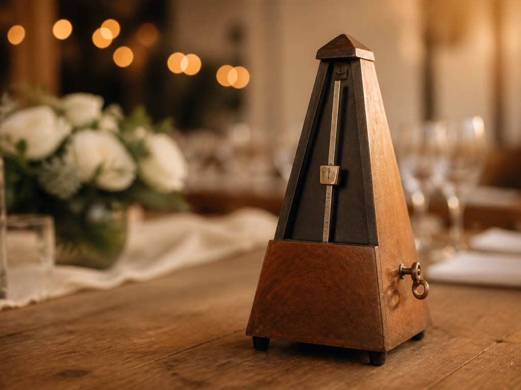 Antikes Metronom auf einem Hochzeitstisch als Symbol für den Rhythmus einer Hochzeitsfeier