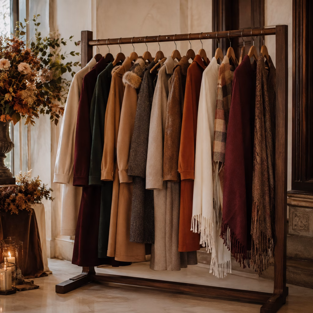 KI-generiertes Symbolbild: Ordentliche Garderobe mit Mänteln auf Kleiderständer bei einer Herbst- oder Winterhochzeit