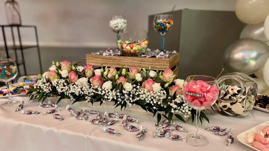 Candy Bar mit Süßigkeiten in Gläsern, rosa und weißen Rosen und Ballons bei einer Hochzeit in Wilhelmshaven